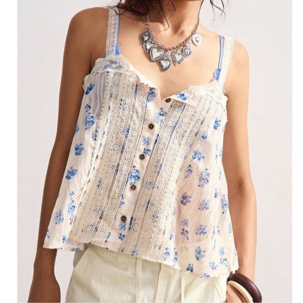Boho Floral Print Lace Semi Sheer Button Down Cami Tank Top S M L XL